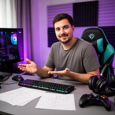 Bechir Escobr demonstrating a handwritten strategy guide beside his gaming setup